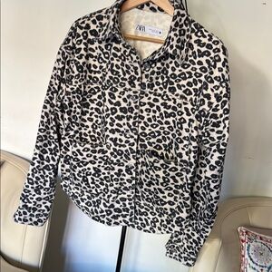 Zara Black and White Teddy Jacket with Leopard Print